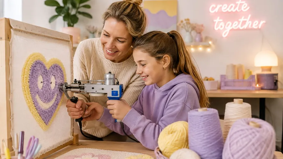 Mutter und Tochter verwenden Tuftpistole drinnen.