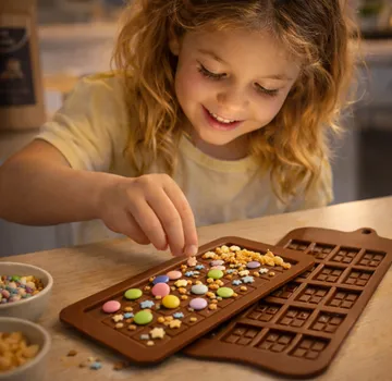 Child decorating chocolate with colorful candies.