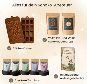 Chocolate making kit with molds and ingredients.
