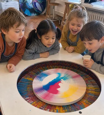 Kinder beobachten Farbe auf Tisch rotieren.