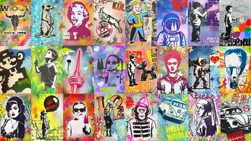 Bunte Pop-Art-Graffiti-Collage an Wand.