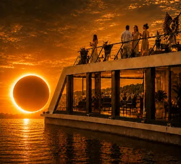 People on yacht under solar eclipse.