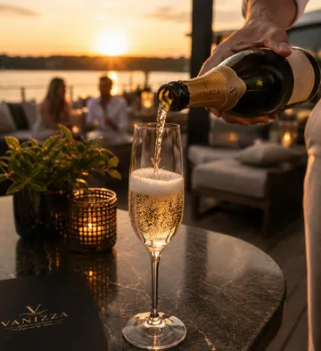 Champagne poured into glass at sunset outdoors.