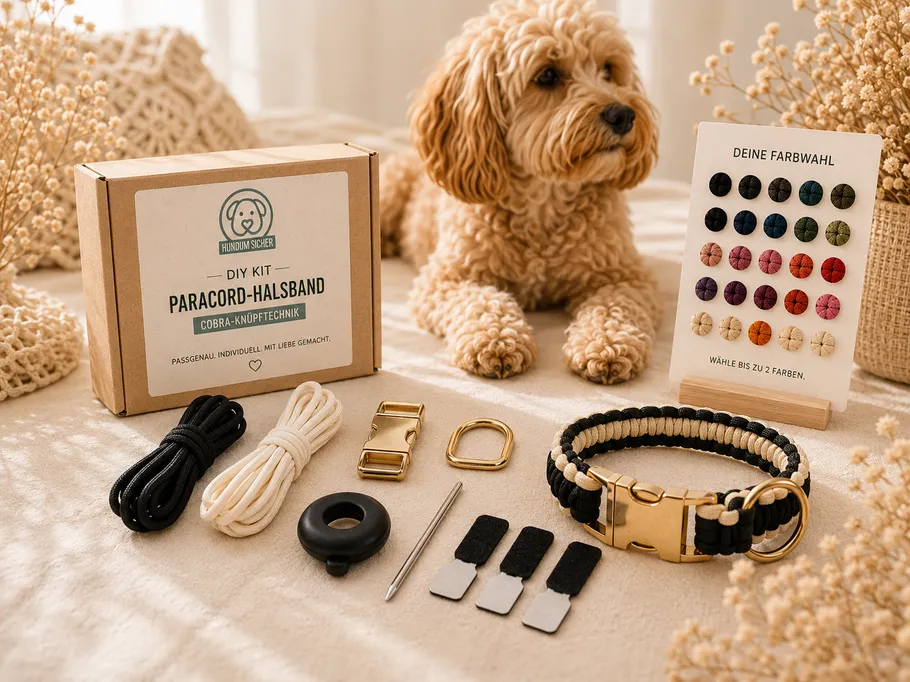 Hund liegt neben DIY-Paracord-Halsband-Set.