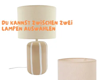 Table lamp with beige textured shade.