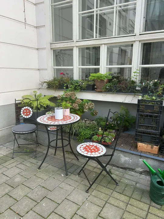 Outdoor table and chairs with potted plants.