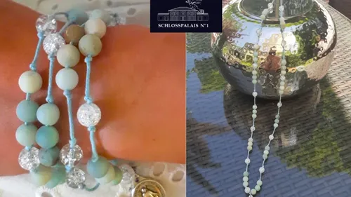 Jewelry bracelets on arm, necklace on table.