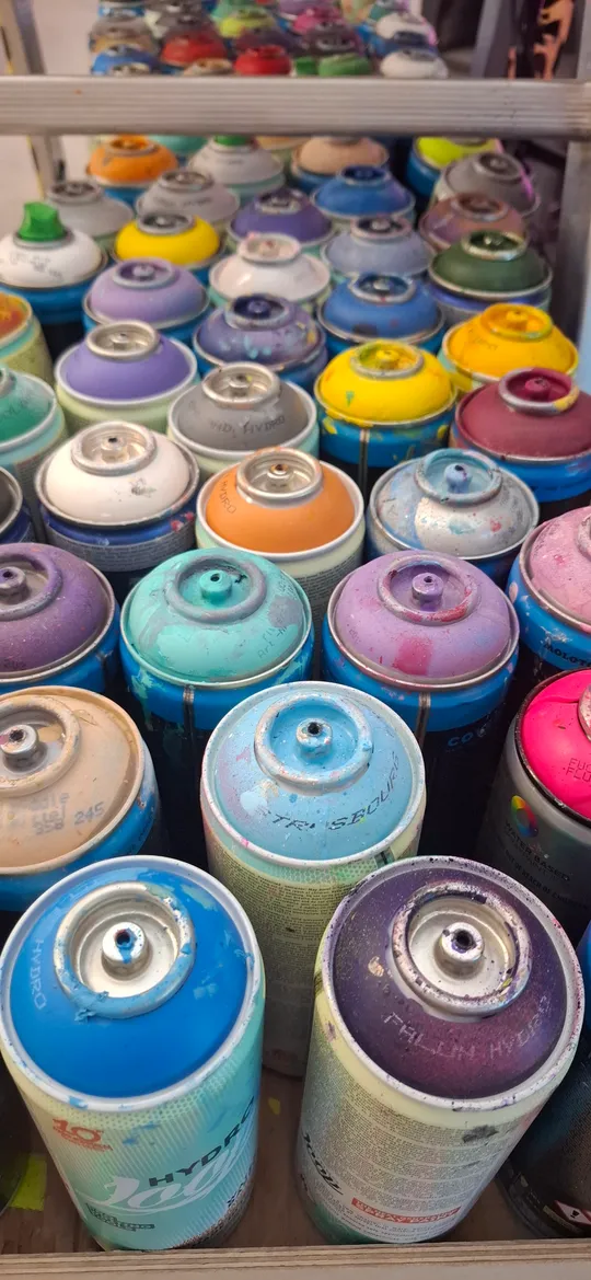 Spraydosen auf einem Regal angeordnet.