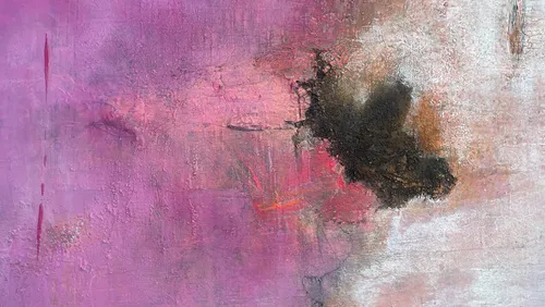 Abstract painting with pink and dark textures.