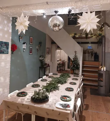 Dining table set for Christmas celebration.