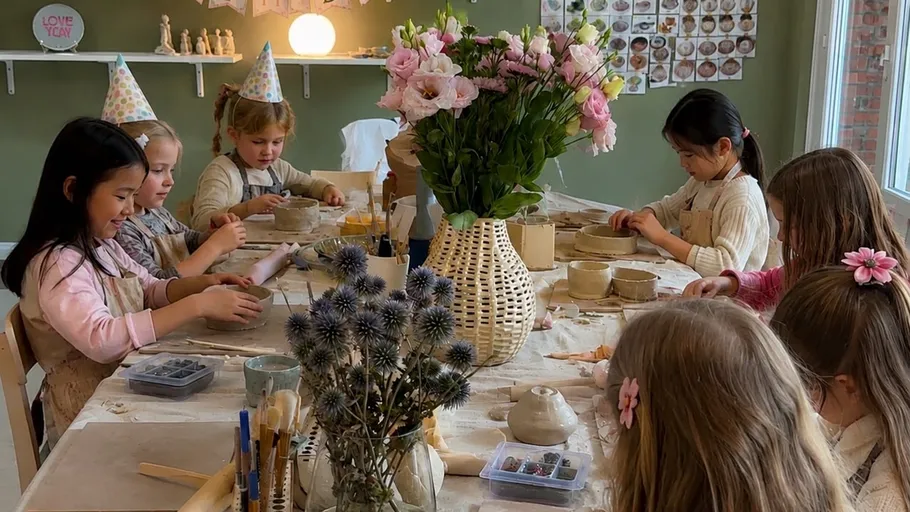 Children sculpting clay at a decorated table.