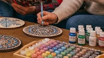 Person malt Dot-Mandala mit Farben.