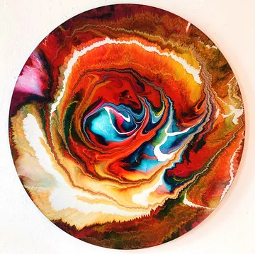 Colorful abstract swirl painting on canvas.