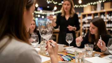 People painting wine glasses in workshop.