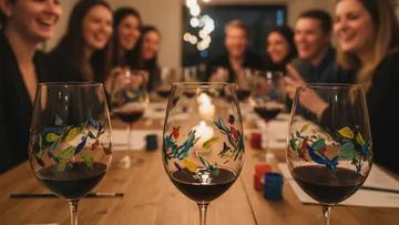 Painted wine glasses on a dining table.