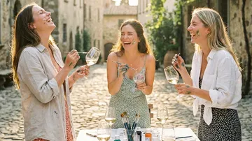 Three women laughing, holding paintbrushes, outdoors.