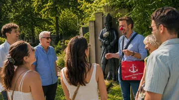 Group laughing during a guided tour outdoors.