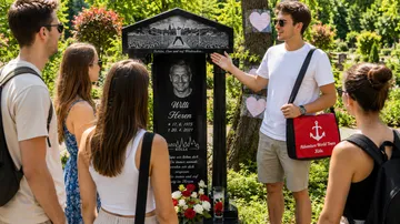 Tour group visiting a gravesite outdoors.