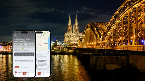 Smartphones zeigen Köln-Karte, Dom im Hintergrund.