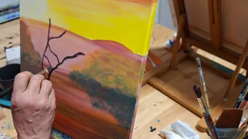 Hand malt Landschaft auf Leinwand drinnen.