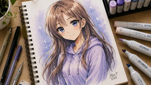 Anime-Mädchenzeichnung im Skizzenbuch, umgeben von Markern.