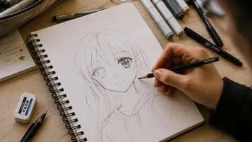Hand drawing anime character on sketchbook.