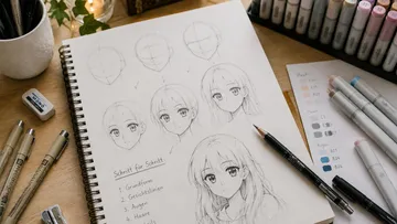Sketchbook showing anime character drawing process.