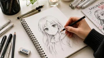 Hand zeichnet Anime-Mädchen in Skizzenbuch.