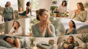 Collage of women practicing wellness at home.