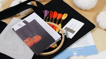 Embroidery kit with threads and hoop on table.