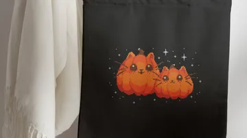 Zwei Cartoon-Kürbiskatzen auf schwarzem Stoff.