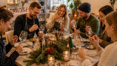 Menschen bemalen Weingläser am Tisch.