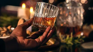 Hand holding glass with whiskey, candlelit background.