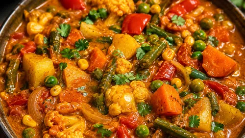 Colorful vegetable curry in a pan.