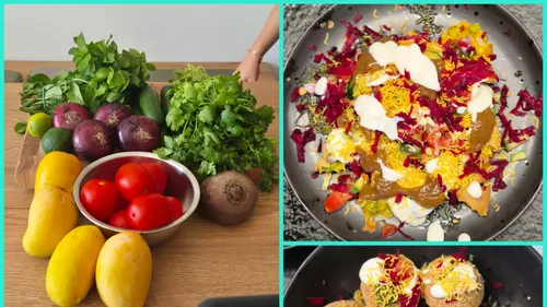 Gemüse auf Tisch; Chaat-Gerichte serviert.