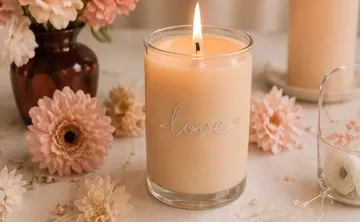 Kerze mit "love" brennend, umgeben von Blumen.