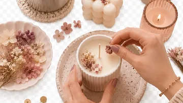 Hands decorating candle with dried flowers.