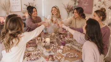 Frauen stoßen mit Champagner an dekoriertem Tisch an.