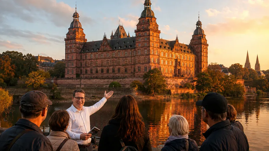 Guide shows castle to group along river.