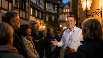 Group tour guide speaking in old town at night.