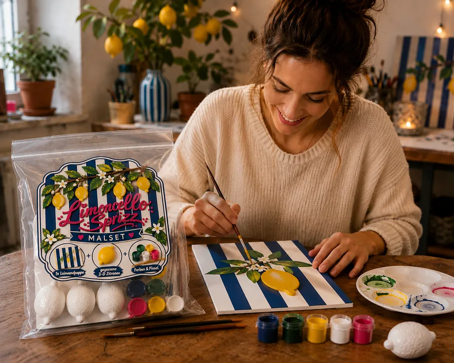 Woman painting lemon on striped canvas indoors.