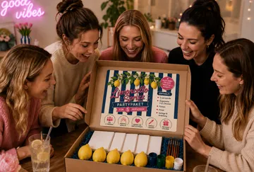 Women excitedly opening a drink party box.
