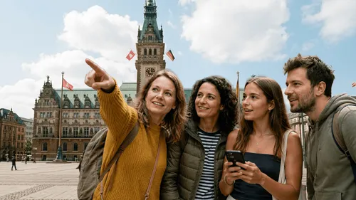 Gruppe zeigt, schaut, vor historischem Gebäude.