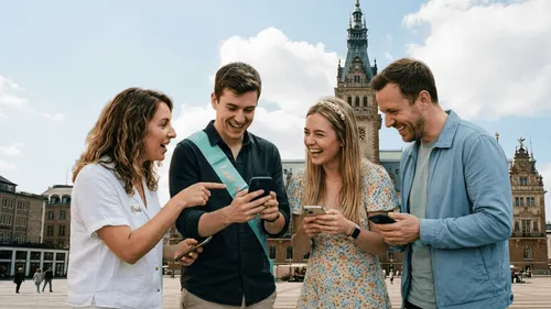 Vier Freunde nutzen Telefone, lachen draußen am Gebäude.