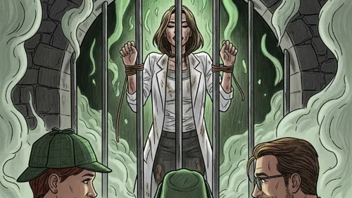 Woman trapped behind bars with green mist.