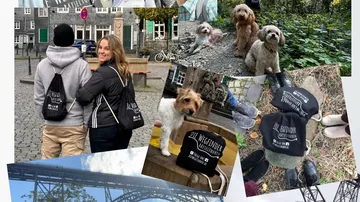 Collage of people and dogs with backpacks.