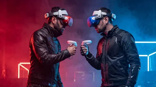 Zwei Männer mit VR-Headsets in buntem Raum.