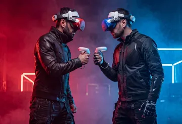 Two gamers wearing VR headsets indoors.