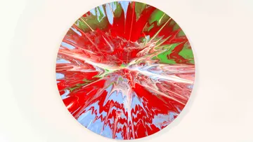 Abstract circular painting with vibrant colors.