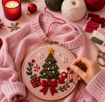 Hand stickt Weihnachtsdesign auf rosa Pullover.